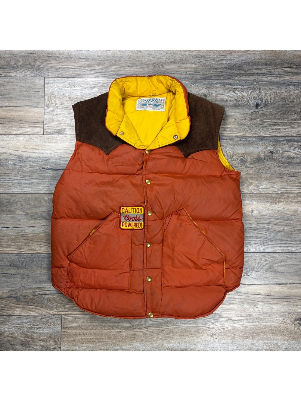 Vintage Coors Powered Caution Puffer Vest with Suede Shoulder Detail